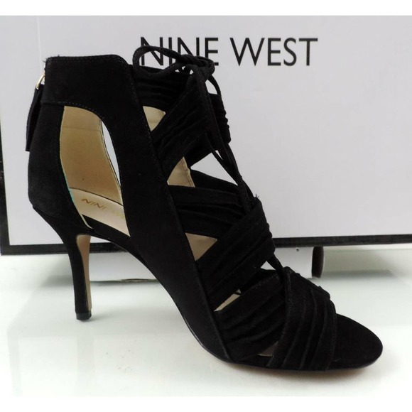 Nine West GALAXY Peep-Toe Lace-up Mid Heel Sandals Back Zip Suede Black Size 7.5 - Picture 5 of 8